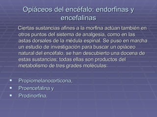 Opiáceos del encéfalo: endorfinas y encefalinas Ciertas sustancias afines a la morfina actúan también en otros puntos del sistema de analgesia, como en las astas dorsales de la médula espinal. Se puso en marcha un estudio de investigación para buscar un opiáceo natural del encéfalo, se han descubierto una docena de estas sustancias; todas ellas son productos del metabolismo de tres grades moléculas:  Propiomelanocorticona,  Proencefalina y  Prodinorfina.  