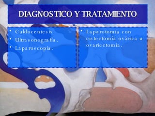 DIAGNOSTICO Y TRATAMIENTO <ul><li>Culdocentesis </li></ul><ul><li>Ultrasonografía.  </li></ul><ul><li>Laparoscopia. </li><...