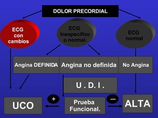DOLOR PRECORDIAL ECG  con cambios ECG  normal ECG  Inespecífico o normal. UCO No Angina ALTA Angina no definida U . D. I . Angina DEFINIDA Prueba  Funcional. _ + 
