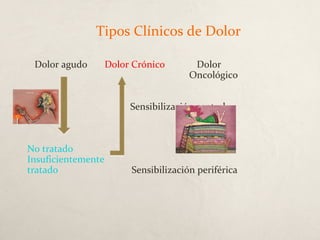 Tipos Clínicos de Dolor
Dolor agudo Dolor Crónico Dolor
Oncológico
Sensibilización central
No tratado
Insuficientemente
tratado Sensibilización periférica
 