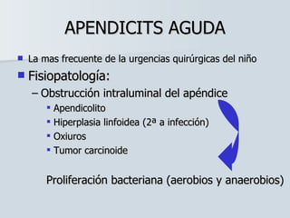 APENDICITS AGUDA La mas frecuente de la urgencias quirúrgicas del niño Fisiopatología: Obstrucción intraluminal del apéndice Apendicolito Hiperplasia linfoidea (2ª a infección) Oxiuros Tumor carcinoide Proliferación bacteriana (aerobios y anaerobios) 