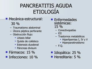 PANCREATITIS AGUDA ETIOLOGÍA Mecánica-estructural:  30 % Traumatismo abdominal Úlcera péptica perforante Obstrucción flujo: Litiasis biliar Quiste de colédoco Estenosis duodenal Páncreas divisum Fármacos: 15 % Infecciones: 10 % Enfermedades sistémicas:  15 % Conectivopatías EII Trastornos metabólicos  Hiperlipemias I, IV y V Hiperparatiroidismo F.Q. Idiopática: 25 % Hereditaria: 5 % 