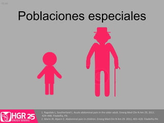 Poblaciones especiales
1. Ragsdale L, Southerland L. Acute abdominal pain in the older adult. Emerg Med Clin N Am 29, 2011.
429–448. Filadelfia, PA.
2. Marin JR, Alpern E. Abdominal pain in children. Emerg Med Clin N Am 29. 2011, 401–428. Filadelfia PA:
05:44
 