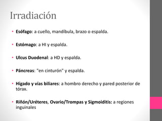 Irradiación
• Esófago: a cuello, mandíbula, brazo o espalda.
• Estómago: a HI y espalda.
• Ulcus Duodenal: a HD y espalda.
• Páncreas: "en cinturón" y espalda.
• Hígado y vías biliares: a hombro derecho y pared posterior de
tórax.
• Riñón/Uréteres, Ovario/Trompas y Sigmoiditis: a regiones
inguinales
 