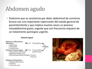 Abdomen agudo
• Síndrome que se caracteriza por dolor abdominal de comienzo
brusco con una importante repercusión del estado general de
paciente/cliente y que implica muchas veces un proceso
intraabdominal grave, urgente que con frecuencia requiere de
un tratamiento quirúrgico urgente.
 