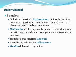 Dolor visceral
 Ejemplos:
 Oclusión intestinal :Estiramiento rápido de las fibras
nerviosas (estímulo mecánico) secundario a la
distensión aguda de la víscera hueca.
 Distensión de la cápsula hepática (Glisson) en una
hepatitis aguda, o de la cápsula pancreática: tracción de
la serosa.
 Trombosis mesentérica: isquemia
 Apendicitis, colecistitis: inflamación
 Torsión del ovario o sigmoides
 