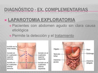DIAGNÓSTICO - EX. COMPLEMENTARIAS

   LAPAROTOMIA EXPLORATORIA
     Pacientes   con abdomen agudo sin clara causa
      ...