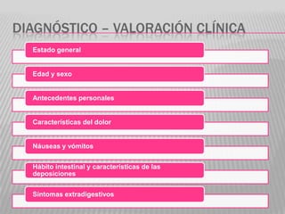 DIAGNÓSTICO – VALORACIÓN CLÍNICA
  Estado general


  Edad y sexo


  Antecedentes personales


  Características del dolo...
