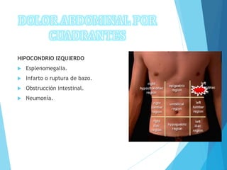 HIPOCONDRIO IZQUIERDO
 Esplenomegalia.
 Infarto o ruptura de bazo.
 Obstrucción intestinal.
 Neumonía.
 