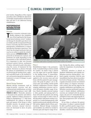 [   CLINICAL COMMENTARY                                                  ]
joint tendon. Regardless of the surgical
procedure, there will likely be alterations
in shoulder proprioception and function
that will have to be addressed during
rehabilitation.




      here is minimal research spec-
      ifically relating to the rehabilita-
      tion of the long head of the biceps.
In the latest Cochrane review33 of physi-
cal therapy for shoulder pain there were
no studies specific to long head of biceps
lesions. Currently, the best evidence for
postoperative rehabilitation is surgeon
and physical therapist experience. Our
clinic has developed protocols that are
used as an outline to guide the rehabili-
tation process (                    ). The
protocols are divided into 3 phases. Ad-
justments are made depending on the
presentation of the individual patient.                   Lawn chair active range-of-motion progression from supine to sitting. The patient is progressed through
It is important to take into account           increasingly upright positions to gradually increase the effect of gravity on the shoulder.
pertinent patient history, mechanism
of injury, and patient goals when plan-                                                                   tion. During this phase, nothing super-
ning the course of treatment for the          Rehabilitation begins 1 day postopera-                      sedes the importance of protecting the
patient. Decisions to advance through         tively. A standard sling is used as needed                  healing tissue.
the phases of rehabilitation are based        for comfort. An elastic wrap is placed                          Particular attention is placed on
on protecting the healing tissue, apply-      over the upper arm to provide support                       rhythmic stabilization and scapular sta-
ing controlled loads to the healing tis-      to the healing biceps. A transcutane-                       bilization exercises during phase 1. Iso-
sue, and monitoring patient response to       ous electrical nerve stimulation unit is                    lated scapular retraction, with the arm
treatment in terms of changes in pain         applied in the recovery room and sent                       immobilized, has been shown to produce
and swelling.                                 home with the patient for pain manage-                      low levels of biceps activity.68 Therefore,
                                              ment. The goals for phase 1 are to de-                      scapular retraction exercises are initiated
                                              crease pain and swelling, initiate gentle                   early in phase 1 to improve neuromus-
Manual therapy treatments, such as            rhythmic stabilization exercises, initiate                  cular control. This sets the stage for the
range-of-motion exercises and gle-            scapular stabilization exercises, and re-                   scapular stabilization and rhythmic sta-
nohumeral joint mobilizations, are most       store full passive shoulder range of mo-                    bilization exercises performed in phases
appropriate during phases 1 and 2 (AP-        tion. Passive shoulder external rotation                    2 and 3. Gentle rhythmic stabilization
                 ). Particular attention      is often painful, and placing half of a                     exercises are initiated with the patient
is focused on the posterior and inferior      foam roll under the patient’s arm during                    supine, the arm at 0° of shoulder ﬂexion,
capsule. Tightness of these structures is     supine exercises helps to relieve some of                   and half of a foam roll supporting the el-
linked to impingement.27,37,48 Soft tissue    the discomfort. Full passive motion is ex-                  bow, then progressed to 90° of forward
mobilizations are utilized to decrease        pected 1 to 2 weeks postoperatively, with                   elevation.
pain and spasms of the biceps or other        patients posttenotomy typically achieving                       At our clinic, to advance the patient
shoulder muscles. As patient range of         full motion slightly ahead of those post-                   from phase 1 to phase 2, patients should
motion increases, manual interven-            tenodesis. Manual therapy treatments                        be able to perform passive range of mo-
tions are decreased in favor of active        and modalities are utilized as needed to                    tion to 80% or greater of the uninvolved
exercises.                                    decrease pain and improve range of mo-                      shoulder, 1 minute of rhythmic stabiliza-


64 | february 2009 | volume 39 | number 2 | journal of orthopaedic & sports physical therapy
 
