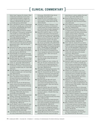 [    CLINICAL COMMENTARY                                              ]
       Rothe R, Vogl T, Englmeier KH, Eckstein F. Effect           Arthroscopy. 2004;20:85-95. http://dx.doi.             glenoid labrum in anterior stability of the shoul-
       of abducting and adducting muscle activity                  org/10.1016/j.arthro.2003.11.017                       der. Am J Sports Med. 1994;22:121-130.
       on glenohumeral translation, scapular kine-                 Ludewig PM, Cook TM. Translations of the               Romeo AA, Mazzocca AD, Tauro JC. Ar-
       matics and subacromial space width in vivo.                 humerus in persons with shoulder impinge-               throscopic biceps tenodesis. Arthroscopy.
       J Biomech. 2005;38:755-760. http://dx.doi.                  ment symptoms. J Orthop Sports Phys Ther.               2004;20:206-213. http://dx.doi.org/10.1016/j.
       org/10.1016/j.jbiomech.2004.05.020                          2002;32:248-259.                                        arthro.2003.11.033
 33.   Green S, Buchbinder R, Hetrick S. Physiotherapy             Lukasiewicz AC, McClure P, Michener L, Pratt           Sethi N, Wright R, Yamaguchi K. Disorders of
       interventions for shoulder pain. Cochrane Data-             N, Sennett B. Comparison of 3-dimensional              the long head of the biceps tendon. J Shoulder
       base Syst Rev. 2003;CD004258. http://dx.doi.                scapular position and orientation between sub-         Elbow Surg. 1999;8:644-654.
       org/10.1002/14651858.CD004258                               jects with and without shoulder impingement. J         Shank JR, Kissenberth MJ, Ramapa A, et al.
 34.   Habermeyer P, Magosch P, Pritsch M, Scheibel                Orthop Sports Phys Ther. 1999;29:574-583.               A comparison of supination and elbow ﬂexion
       MT, Lichtenberg S. Anterosuperior impingement               Mariani EM, Coﬁeld RH, Askew LJ, Li GP, Chao            strength in patients with either proximal biceps
       of the shoulder as a result of pulley lesions:              EY. Rupture of the tendon of the long head of           release or biceps tenodesis. Arthroscopy.
       a prospective arthroscopic study. J Shoulder                the biceps brachii. Surgical versus nonsurgical         2006;22:e21 (online only). Available at: http://
       Elbow Surg. 2004;13:5-12. http://dx.doi.                    treatment. Clin Orthop Relat Res. 1988;233-239.         www.arthroscopyjournal.org/issues
       org/10.1016/S1058274603002568                         51.   Mazzocca AD, Rios CG, Romeo AA, Arciero RA.            Sharma P, Maffulli N. Biology of tendon injury:
 35.   Harryman DT, 2nd, Sidles JA, Clark JM, Mc-                  Subpectoral biceps tenodesis with interfer-            healing, modeling and remodeling. J Musculosk-
       Quade KJ, Gibb TD, Matsen FA, 3rd. Translation              ence screw ﬁxation. Arthroscopy. 2005;21:896.          elet Neuronal Interact. 2006;6:181-190.
       of the humeral head on the glenoid with passive             http://dx.doi.org/10.1016/j.arthro.2005.04.002         Smith J, Dahm DL, Kaufman KR, et al. Electro-
       glenohumeral motion. J Bone Joint Surg Am.            52.   Murthi AM, Vosburgh CL, Neviaser TJ. The incidence      myographic activity in the immobilized shoulder
       1990;72:1334-1343.                                          of pathologic changes of the long head of the biceps    girdle musculature during scapulothoracic exer-
       Harryman DT, 2nd, Sidles JA, Harris SL, Matsen              tendon. J Shoulder Elbow Surg. 2000;9:382-385.          cises. Arch Phys Med Rehabil. 2006;87:923-927.
       FA, 3rd. The role of the rotator interval capsule           http://dx.doi.org/10.1067/mse.2000.108386               http://dx.doi.org/10.1016/j.apmr.2006.03.013
       in passive motion and stability of the shoulder. J    53.   Neer CS, 2nd. Anterior acromioplasty for the           Snyder SJ, Karzel RP, Del Pizzo W, Ferkel RD,
       Bone Joint Surg Am. 1992;74:53-66.                          chronic impingement syndrome in the shoulder:          Friedman MJ. SLAP lesions of the shoulder.
       Jobe FW, Bradley JP. The diagnosis and nonop-               a preliminary report. J Bone Joint Surg Am.            Arthroscopy. 1990;6:274-279.
       erative treatment of shoulder injuries in athletes.         1972;54:41-50.                                         Stahl S, Kaufman T. The efficacy of an injection
       Clin Sports Med. 1989;8:419-438.                      54.   Neviaser RJ. Lesions of the biceps and tendi-          of steroids for medial epicondylitis. A prospec-
       Kelly AM, Drakos MC, Fealy S, Taylor SA, O’Brien            nitis of the shoulder. Orthop Clin North Am.           tive study of sixty elbows. J Bone Joint Surg Am.
       SJ. Arthroscopic release of the long head of the            1980;11:343-348.                                       1997;79:1648-1652.
       biceps tendon: functional outcome and clinical        55.   O’Brien SJ, Pagnani MJ, Fealy S, McGlynn SR,           Swanik KA, Lephart SM, Swanik CB, Lephart SP,
       results. Am J Sports Med. 2005;33:208-213.                  Wilson JB. The active compression test: a new          Stone DA, Fu FH. The effects of shoulder plyo-
       Kennedy JC, Willis RB. The effects of local ste-            and effective test for diagnosing labral tears         metric training on proprioception and selected
       roid injections on tendons: a biomechanical and             and acromioclavicular joint abnormality. Am J          muscle performance characteristics. J Shoulder
       microscopic correlative study. Am J Sports Med.             Sports Med. 1998;26:610-613.                           Elbow Surg. 2002;11:579-586. http://dx.doi.
       1976;4:11-21.                                               O’Donoghue DH. Subluxing biceps tendon in the          org/10.1067/mse.2002.127303
       Kibler WB, McMullen J. Scapular dyskinesis and              athlete. Clin Orthop Relat Res. 1982;26-29.            Toshiaki A, Itoi E, Minagawa H, et al. Cross-
       its relation to shoulder pain. J Am Acad Orthop             Osbahr DC, Diamond AB, Speer KP. The cosmet-           sectional area of the tendon and the muscle
       Surg. 2003;11:142-151.                                      ic appearance of the biceps muscle after long-         of the biceps brachii in shoulders with rotator
 41.   Kido T, Itoi E, Konno N, Sano A, Urayama M,                 head tenotomy versus tenodesis. Arthroscopy.           cuff tears: a study of 14 cadaveric shoulders.
       Sato K. The depressor function of biceps on                 2002;18:483-487. http://dx.doi.org/10.1053/            Acta Orthop. 2005;76:509-512. http://dx.doi.
       the head of the humerus in shoulders with                   jars.2002.32233                                        org/10.1080/17453670510041493
       tears of the rotator cuff. J Bone Joint Surg Br.            Pagnani MJ, Deng XH, Warren RF, Torzilli               Vangsness CT, Jr., Jorgenson SS, Watson T,
       2000;82:416-419.                                            PA, Altchek DW. Effect of lesions of the su-           Johnson DL. The origin of the long head of the
 42.   Kim SH, Ha KI, Kim HS, Kim SW. Electromyo-                  perior portion of the glenoid labrum on gle-           biceps from the scapula and glenoid labrum. An
       graphic activity of the biceps brachii muscle in            nohumeral translation. J Bone Joint Surg Am.           anatomical study of 100 shoulders. J Bone Joint
       shoulders with anterior instability. Arthroscopy.           1995;77:1003-1010.                                     Surg Br. 1994;76:951-954.
       2001;17:864-868.                                            Pagnani MJ, Deng XH, Warren RF, Torzilli PA,           Verma NN, Drakos M, O’Brien SJ. Arthroscopic
 43.   Kim SH, Yoo JC. Arthroscopic biceps tenodesis               O’Brien SJ. Role of the long head of the biceps        transfer of the long head biceps to the conjoint
       using interference screw: end-tunnel technique.             brachii in glenohumeral stability: a biomechani-       tendon. Arthroscopy. 2005;21:764. http://dx.doi.
       Arthroscopy. 2005;21:1405. http://dx.doi.                   cal study in cadavera. J Shoulder Elbow Surg.          org/10.1016/j.arthro.2005.03.032
       org/10.1016/j.arthro.2005.08.019                            1996;5:255-262.                                        Walch G, Edwards TB, Boulahia A, Nove-Josserand
 44.   Klepps S, Hazrati Y, Flatow E. Arthroscopic biceps          Petersson CJ. Degeneration of the gleno-               L, Neyton L, Szabo I. Arthroscopic tenotomy of the
       tenodesis. Arthroscopy. 2002;18:1040-1045.                  humeral joint. An anatomical study. Acta Orthop        long head of the biceps in the treatment of rotator
 45.   Kumar VP, Satku K, Balasubramaniam P. The                   Scand. 1983;54:277-283.                                cuff tears: clinical and radiographic results of 307
       role of the long head of biceps brachii in the              Petersson CJ. Spontaneous medial dislocation           cases. J Shoulder Elbow Surg. 2005;14:238-246.
       stabilization of the head of the humerus. Clin              of the tendon of the long biceps brachii. An ana-      http://dx.doi.org/10.1016/j.jse.2004.07.008
       Orthop Relat Res. 1989;172-175.                             tomic study of prevalence and pathomechanics.          Walch G, Madonia G, Pozzi I, Riand N, Levigne
       Levy AS, Kelly BT, Lintner SA, Osbahr DC, Speer             Clin Orthop Relat Res. 1986;224-227.                   C. Arthroscopic tenotomy of the long head of
       KP. Function of the long head of the biceps at              Read JW, Perko M. Shoulder ultrasound: diag-           the biceps in rotator cuff ruptures. In: Gazielly
       the shoulder: electromyographic analysis. J                 nostic accuracy for impingement syndrome,              DF, Gleyze P, Thomas T, eds. The Cuff. Paris:
       Shoulder Elbow Surg. 2001;10:250-255. http://               rotator cuff tear, and biceps tendon pathology. J      Elsevier; 1997:350-355.
       dx.doi.org/10.1067/mse.2001.113087                          Shoulder Elbow Surg. 1998;7:264-271.                   Wang JH, Iosiﬁdis MI, Fu FH. Biomechani-
       Lo IK, Burkhart SS. Arthroscopic biceps tenod-              Rodosky MW, Harner CD, Fu FH. The role of the          cal basis for tendinopathy. Clin Orthop Relat
       esis using a bioabsorbable interference screw.              long head of the biceps muscle and superior            Res. 2006;443:320-332. http://dx.doi.



68 | february 2009 | volume 39 | number 2 | journal of orthopaedic & sports physical therapy
 