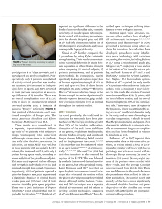 reported no signiﬁcant difference in the            scribed open techniques utilizing inter-
                                                      levels of anterior shoulder pain, cosmetic          ference screws with good success.
                                                      deformity, or muscle spasm between pa-                  Building upon these advances, nu-
                                                      tients treated with tenotomy versus teno-           merous other authors have developed
                                                      desis for chronic bicipital pain, and Gill          all arthroscopic techniques.11,28,43,44,47,64
                                                      et al30 had only 1 tenotomy patient out of          Gartsman and Hammerman28 in 2000
                                                      30 who required a tenodesis to address an           presented a technique using suture an-
                                                      unacceptable Popeye deformity.                      chors for tenodesis. Several others have
                                                          Shank et al66 further compared the              developed procedures using interfer-
                                                      2 procedures by using Cybex isokinetic              ence screw technology, with variations
                                                      strength testing. Their results demonstrat-         on passing the tendon, including Boileau
           “Popeye” deformity secondary to ruptured   ed no statistical difference in either fore-        et al,11 using a transhumeral guide pin,
 long head of the biceps.
                                                      arm supination or elbow ﬂexion strength             Klepps et al,44 employing a bone anchor
                                                      when comparing 31 control subjects, 17              at the bottom of the tunnel to act as a pul-
participation 4 to 7 days per week, and 1             patients posttenotomy, and 19 patients              ley, and both Romeo et al64 and Lo and
participated at a professional level. Post-           posttenodesis. In comparison, papers                Burkhart,47 using the Arthrex (Arthrex,
operatively, only 2 patients complained               speciﬁcally looking at ruptures report loss         Inc, Naples, FL) biotenodesis system.
of activity-related pain that was moder-              of forearm supination strength of 10% to            Boileau et al11 reported the early results
ate in nature, 90% returned to their pre-             20% and up to 8% loss of elbow ﬂexion               of 43 patients who underwent their pro-
vious level of sports, and 97% returned               strength in the acute setting.50,79 However,        cedure, with a minimum 1-year follow-
to their previous occupation at an aver-              Warren79 demonstrated no change in the              up. In this study, the absolute Constant
age follow-up of 19 months. There was                 ﬂexion strength in a series of patients with        score increased from 43 to 79 points, with
an overall complication rate of 13.3%                 chronic ruptures. Pronation, grip, and el-          no loss of elbow motion, and the overall
with 2 cases of impingement-related                   bow extension strength were all normal              biceps strength was 90% of the contralat-
overhead-activity pain, 1 instance of                 throughout the various studies.                     eral side. There were 2 cases of rupture of
painless “Popeye” deformity (                  )                                                          the tenodesis, which was attributed to us-
that resolved with tenodesis, and 1 con-                                                                  ing screws of insufficient diameter early
tinued complaint of biceps pain. The                  As stated previously, the traditional in-           in the study, and no cases of neurologic or
mean American Shoulder and Elbow                      dications for tenodesis have been par-              vascular compromise. It should be noted
Surgeons (ASES) score was 81.8.                       tial tears of the biceps involving greater          that the prolonged ache and spasm often
   These results were reconﬁrmed in                   than 25% of the tendon, subluxation,                discussed in relation to tenotomy is actu-
a separate, 2-year-minimum follow-                    disruption of the soft tissue stabilizers           ally an uncommon long-term complica-
up study of 40 patients with refractory               of the groove, recalcitrant tendinopathy,           tion and has been described in relation
biceps tendinopathy who underwent                     chronic tendon atrophy, and signiﬁcant              to tenodesis as well.
arthroscopic release alone or in combina-             biceps disease following failed rotator                 Boileau et al10 in 2007 reported their
tion with other shoulder procedures. In               cuff or impingement treatment.21,51,56,65           retrospective data on 68 consecutive pa-
this series, the mean ASES was 77.6; but              This procedure can be performed either              tients, in whom existed a total of 72 ir-
in those patients with an isolated LHBT               in an open fashion9,24,26,51,56 or arthroscop-      reparable rotator cuff tears with biceps
release, this increased to 87.8, with only 1          ically.11,28,43,44,47,64 Gilcreest29 in 1926 ﬁrst   pathology, and who were treated with ar-
patient having a poor result, secondary to            described tenodesis to the coracoid for             throscopic biceps tenotomy (39 cases) or
severe arthritis of the glenohumeral joint.           rupture of the LHBT. This was followed              tenodesis (33 cases). Seventy-eight per-
This same study reported no loss of biceps            by methods that secured the tendon with-            cent of the patients were satisﬁed with
curl strength in individuals over 60, and             in the groove, but left a proximal stump.           their result, and the average Constant
minimal strength loss overall. Even more              Later Froimson and Oh26 described an                score increased from 46.3 to 66.5. There
importantly, 100% of patients reported a              open keyhole interosseous tunnel tech-              was no difference in the results between
pain-free biceps at rest, 95% experienced             nique that relocated the tendon within              the procedures when utilized in this pa-
a signiﬁcant decrease in overall biceps               the groove after amputating the proximal            tient population. The authors noted that
tendon pain, and 95% had relief of their              stump. Although rather tedious, Froim-              atrophy of the teres minor signiﬁcantly
anterior shoulder pain upon palpation.                son and Oh’s technique was a superior               decreased shoulder function, and pseu-
There was a 70% incidence of Popeye                   clinical advancement and led others to              doparalysis of the shoulder and severe
deformity,38 which is higher than that re-            develop simpler techniques. Mazzocca                rotator cuff arthropathy are contraindi-
ported in the literature.30,57,76 Osbahr et al57      et al51 and Edwards and Walch24 have de-            cations to this procedure.


                                                journal of orthopaedic & sports physical therapy | volume 39 | number 2 | february 2009 | 61
 
