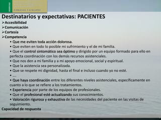 Destinatarios y expectativas: PACIENTES
Accesibilidad
Comunicación
Cortesía
Competencia
    • Que me eviten toda acción dolorosa.
    • Que eviten en todo lo posible mi sufrimiento y el de mi familia.
    • Que el control sintomático sea óptimo y dirigido por un equipo formado para ello en
    perfecta coordinación con los demás recursos asistenciales.
    • Que nos den a mi familia y a mi apoyo emocional, social y espiritual.
    • Que la asistencia sea personalizada.
    • Que se respete mi dignidad, hasta el final e incluso cuando yo no esté.
    • ….
    • Que haya coordinación entre los diferentes niveles asistenciales, específicamente en
    cuanto a lo que se refiere a los tratamientos.
    • Experiencia por parte de los equipos de profesionales.
    • Que el profesional esté actualizando sus conocimientos.
    • Valoración rigurosa y exhaustiva de las necesidades del paciente en las visitas de
    seguimiento.
Capacidad de respuesta
 