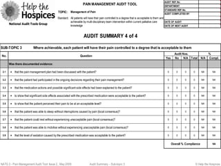 AUDIT REF.No.
                                                                     PAIN MANAGEMENT AUDIT TOOL                                              DEPARTMENT
                                                                                                                                             STANDARD REF.No.
                                                TOPIC: Management of Pain
                                                                                                                                             AUDIT COMPLETED BY
                                               Standard: All patients will have their pain controlled to a degree that is acceptable to them and
                                                         achievable by multi-disciplinary team intervention within current palliative care       DATE OF AUDIT
       National Audit Tools Group
                                                         knowledge                                                                               DATE OF NEXT AUDIT



                                                                      AUDIT SUMMARY 4 of 4

SUB-TOPIC 3                Where achievable, each patient will have their pain controlled to a degree that is acceptable to them
                                                                                                                                                       Audit Nos.       %
No.                                                                Question
                                                                                                                                               Yes     No N/A Total N/A Compl.
       Was there documented evidence:

 3.1    • that the pain management plan had been discussed with the patient?                                                                    0       0       0     0       NA       NA


 3.2    • that the patient had participated in the ongoing decisions regarding their pain management?                                           0       0       0     0       NA       NA


 3.3    • that the medication actions and possible significant side effects had been explained to the patient?                                  0       0       0     0       NA       NA


 3.4    • to show that significant side effects associated with the prescribed medication were acceptable to the patient?                       0       0       0     0       NA       NA


 3.5    • to show that the patient perceived their pain to be at an acceptable level?                                                           0       0       0     0       NA       NA


 3.6    • that the patient was able to sleep without interruptions caused by pain (local consensus)?                                            0       0       0     0       NA       NA


 3.7    • that the patient could rest without experiencing unacceptable pain (local consensus)?                                                 0       0       0     0       NA       NA


 3.8    • that the patient was able to mobilise without experiencing unacceptable pain (local consensus)?                                       0       0       0     0       NA       NA


 3.9    • that the level of sedation caused by the prescribed medication was acceptable to the patient?                                         0       0       0     0       NA       NA


                                                                                                                                                     Overall % Compliance              NA




NATG 3 - Pain Management Audit Tool: Issue 2, May 2009                     Audit Summary - Sub-topic 3                                                                    © Help the Hospices
 