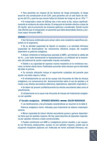 • Para pacientes sin ninguno de los factores de riesgo principales, el riesgo
anual de una complicación es de 0,8%, para pacientes con un solo factor de ries-
go era del 2% y para los que reunen todos los factores de riesgo es de un 18% 30,31
    • El misoprostol a dosis de 200mgr dos o tres veces al día, reduce significati-
vamente la incidencia de estos efectos. El omeprazol es también efectivo a dosis de
20 mg/día para la prevención de erosiones gástricas o duodenales. Siendo mucho
más efectivo que el misoprostol, en pacientes que había desarrollado úlceras y pre-
cisan seguir tomando AINE´s.
OPIOIDES :
    • Son fármacos sintetizados para actuar sobre unos receptores específicos pre-
sentes en el organismo.
    • De su afinidad (capacidad de fijación al receptor) y su actividad intrínseca
(capacidad de desencadenar los mecanismos efectores propios del receptor)
dependerá su potencia analgésica.
    • Actúan inhibiendo la fosfoquinasa asociada al AMPc, permtiendo la salida del
ion K+, y por tanto favoreciendo la hiperpolarización y la inhibición de la transmi-
sión del potencial de acción responsable impulso nociceptivo.
    • Debido a su capacidad de expresar nuevos receptores en la membrana neu-
ronal, no tienen efecto techo. Pudiéndose aumentar dosis siempre que la intensidad
del dolor lo precise,
    • Su correcta utilización incluye el seguimiento cuidadoso del paciente para
ajustar una dosis segura y eficaz.
    • El infratratamiento es una de las causas más frecuentes de falta de eficacia
analgésica y es consecuencia del desconocimientos sobre el uso de opioides y el
miedo a sus efectos secundarios (tolerancia, dependencia, depresión respiratoria..)
    • Se deben de prevenir profilácticamente los efectos secundarios tales como el
estreñimiento.
    El infratamiento es la causa más frecuente de fracaso del tratamiento analgési-
co con opioides
  2º Escalón analgésico: OPIOIDES MENORES                    DOLOR MODERADO
    • Las dosificaciones y las principales características se resumen en la tabla 8
    Potencia analgésica menor. Indicados para tratamiento de dolores moderados-
severos.
    • Menor capacidad de inducir efectos secundarios graves y generar dependen-
cia física que los opioides mayores. No hay casos descritos de depresión respirato-
ria por opioides menores a dosis convencionales.
    • Pueden combinarse con AINE´s y analgésicos (primer escalón), y por supues-
to con fármacos coadyuvantes, aunque no con opioides mayores, puesto que se
ocuparían receptores opiáceos con moléculas de menor actividad intrínseca, res-
                                                                                       13
 