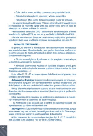 – Dolor crónico, severo, estable y con escaso componente incidental
            – Dificultad para la deglución o nauseas y vómitos incoercibles.
            – Pacientes con difícil control de la administración regular de fármacos.
         • La principal limitación del fentanilo TTS (para administración transcutánea) es
     su incapacidad de respuesta rápida tanto para ajustar dosis, como en caso de
     sobredosis para detener su liberación sistémica.
         • Ya disponemos de fentanilo OTFC ( absorción oral transmucosa) que presenta
     una absorción rápida del 25% por esta vía, y una biodisponibilidad total del 50%.
         • Permite pautar las dosis de rescate con el mismo principio activo que la estra-
     tegia basal. Hasta ahora se utilizaba morfina de liberación rápida para este fin.
             FÁRMACOS COADYUVANTES :
         En general, no referimos a fármacos que han sido desarrollados y sintetizados
     para otras indicaciones diferentes al dolor, pero que han demostrado su eficacia en
     el control adecuado del mismo, completando la acción de los fármacos analgésicos.
     Estrictamente distinguimos:
            • Fármacos coanalgésicos: Aquellos con acción analgésica demostrada por
     sí mismos (Ej. Antidepresivos tricíclicos)
             • Fármacos coadyuvantes: Aquellos sin capacidad analgésica propia, pero
     susceptibles de incidir sobre los factores que pueden modificar el umbral del dolor
     (hipnóticos, ansiolíticos, ....)
         En las tablas 11, 12 y 13 se recogen algunos de lo fármacos coadyuvantes y sus
     principales características.
         Antidepresivos Tricíclicos: Se desconoce el mecanismo exacto por el que pro-
     ducen analgesia, aunque se cree es independiente de su efecto antidepresivo. Una
     de la hipótesis lo relaciona con la inhibición del enzima que desdobla la encefalina.
         No hay diferencias significativas en cuanto a eficacia entre los diferentes anti-
     depresivos tricíclicos. Aunque estos si son mejor tolerados en general que los anti-
     convulsivantes.
         Faltan evidencias de la eficacia de los antidepresivos inhibidores de la recapta-
     ción de Serotonina en el tratamiento del dolor neuropático.
         – La Amitriptilina es de elección para el control de espasmos vesicales y la
     urgencia urinaria por hiperrreflexia del detrusor
         Neurolépticos: Su uso como fármaco coadyuvante está muy extendido, aunque
     no se conocen muy bien las bases farmacológicas de esta indicación. Sin embargo,
     parece evidente que facilitan la acción analgésica de los opioides
         Actúan bloqueando los receptores dopaminérgicos tipo 1 y 2. El neuroléptico
     más aceptado como analgésico “per se” es la Levomepromacina.


16
 