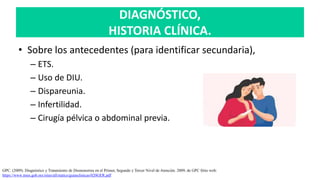 DIAGNÓSTICO,
HISTORIA CLÍNICA.
• Sobre los antecedentes (para identificar secundaria),
– ETS.
– Uso de DIU.
– Dispareunia.
– Infertilidad.
– Cirugía pélvica o abdominal previa.
GPC. (2009). Diagnóstico y Tratamiento de Dismenorrea en el Primer, Segundo y Tercer Nivel de Atención. 2009, de GPC Sitio web:
https://www.imss.gob.mx/sites/all/statics/guiasclinicas/020GER.pdf
 