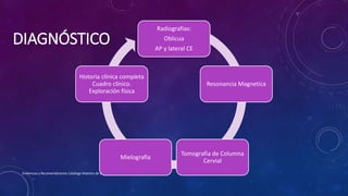 DIAGNÓSTICO
Evidencias y Recomendaciones Catálogo Maestro de Guías de Práctica Clínica: IMSS-629-13
Radiografías:
Oblicua
AP y lateral CE
Resonancia Magnetica
Tomografia de Columna
Cervial
Mielografia
Historia clínica completa
Cuadro clínico.
Exploración física
 