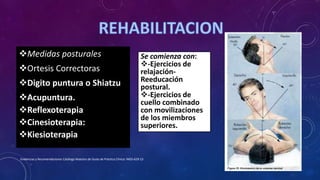 Evidencias y Recomendaciones Catálogo Maestro de Guías de Práctica Clínica: IMSS-629-13
Medidas posturales
Ortesis Correctoras
Digito puntura o Shiatzu
Acupuntura.
Reflexoterapia
Cinesioterapia:
Kiesioterapia
Se comienza con:
-Ejercicios de
relajación-
Reeducación
postural.
-Ejercicios de
cuello combinado
con movilizaciones
de los miembros
superiores.
 