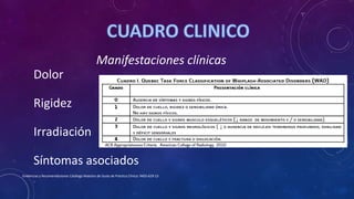 Evidencias y Recomendaciones Catálogo Maestro de Guías de Práctica Clínica: IMSS-629-13
Manifestaciones clínicas
Dolor
Rigidez
Irradiación
Síntomas asociados
 