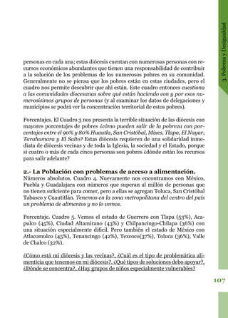 3.PobrezayDesigualdad
107
personas en cada una; estas diócesis cuentan con numerosas personas con re-
cursos económicos abundantes que tienen una responsabilidad de contribuir
a la solución de los problemas de los numerosos pobres en su comunidad.
Generalmente no se piensa que los pobres están en estas ciudades, pero el
cuadro nos permite descubrir que ahí están. Este cuadro entonces cuestiona
a las comunidades diocesanas sobre qué están haciendo con y por esos nu-
merosísimos grupos de personas (y al examinar los datos de delegaciones y
municipios se podrá ver la concentración territorial de estos pobres).
Porcentajes. El Cuadro 3 nos presenta la terrible situación de las diócesis con
mayores porcentajes de pobres ¿cómo pueden salir de la pobreza con por-
centajes entre el 90% y 80% Huautla, San Cristóbal, Mixes, Tlapa, El Nayar,
Tarahumara y El Salto? Estas diócesis requieren de una solidaridad inme-
diata de diócesis vecinas y de toda la Iglesia, la sociedad y el Estado, porque
si cuatro o más de cada cinco personas son pobres ¿dónde están los recursos
para salir adelante?
2.- La Población con problemas de acceso a alimentación.
Números absolutos. Cuadro 4. Nuevamente nos encontramos con México,
Puebla y Guadalajara con números que superan al millón de personas que
no tienen suficiente para comer, pero a ellas se agregan Toluca, San Cristóbal
Tabasco y Cuautitlán. Tenemos en la zona metropolitana del centro del país
un problema de alimentos y no lo vemos.
Porcentaje. Cuadro 5. Vemos el estado de Guerrero con Tlapa (53%), Aca-
pulco (45%), Ciudad Altamirano (43%) y Chilpancingo-Chilapa (36%) con
una situación especialmente difícil. Pero también el estado de México con
Atlacomulco (45%), Tenancingo (42%), Texcoco(37%), Toluca (36%), Valle
de Chalco (32%).
¿Cómo está mi diócesis y las vecinas?, ¿Cuál es el tipo de problemática ali-
menticia que tenemos en mi diócesis?. ¿Qué tipos de soluciones debo apoyar?,
¿Dónde se concentra?, ¿Hay grupos de niños especialmente vulnerables?
 