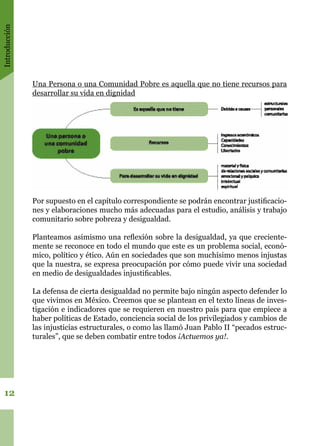 Introducción
12
Una Persona o una Comunidad Pobre es aquella que no tiene recursos para
desarrollar su vida en dignidad
Por supuesto en el capítulo correspondiente se podrán encontrar justificacio-
nes y elaboraciones mucho más adecuadas para el estudio, análisis y trabajo
comunitario sobre pobreza y desigualdad.
Planteamos asimismo una reflexión sobre la desigualdad, ya que creciente-
mente se reconoce en todo el mundo que este es un problema social, econó-
mico, político y ético. Aún en sociedades que son muchísimo menos injustas
que la nuestra, se expresa preocupación por cómo puede vivir una sociedad
en medio de desigualdades injustificables.
La defensa de cierta desigualdad no permite bajo ningún aspecto defender lo
que vivimos en México. Creemos que se plantean en el texto líneas de inves-
tigación e indicadores que se requieren en nuestro país para que empiece a
haber políticas de Estado, conciencia social de los privilegiados y cambios de
las injusticias estructurales, o como las llamó Juan Pablo II “pecados estruc-
turales”, que se deben combatir entre todos ¡Actuemos ya!.
 