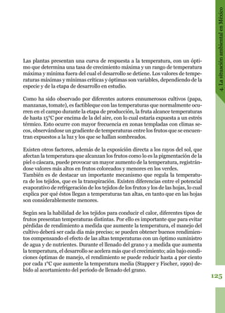 125
4.LasituaciónambientalenMéxico
Las plantas presentan una curva de respuesta a la temperatura, con un ópti-
mo que determina una tasa de crecimiento máxima y un rango de temperatura
máxima y mínima fuera del cual el desarrollo se detiene. Los valores de tempe-
raturas máximas y mínimas críticas y óptimas son variables, dependiendo de la
especie y de la etapa de desarrollo en estudio.
Como ha sido observado por diferentes autores ennumerosos cultivos (papa,
manzanas, tomate), es factibleque con las temperaturas que normalmente ocu-
rren en el campo durante la etapa de producción, la fruta alcance temperaturas
de hasta 15°C por encima de la del aire, con lo cual estaría expuesta a un estrés
térmico. Esto ocurre con mayor frecuencia en zonas templadas con climas se-
cos, observándose un gradiente de temperaturas entre los frutos que se encuen-
tran expuestos a la luz y los que se hallan sombreados.
Existen otros factores, además de la exposición directa a los rayos del sol, que
afectan la temperatura que alcanzan los frutos como lo es la pigmentación de la
piel o cáscara, puede provocar un mayor aumento de la temperatura, registrán-
dose valores más altos en frutos coloreados y menores en los verdes.
También es de destacar un importante mecanismo que regula la temperatu-
ra de los tejidos, que es la transpiración. Existen diferencias entre el potencial
evaporativo de refrigeración de los tejidos de los frutos y los de las hojas, lo cual
explica por qué éstos llegan a temperaturas tan altas, en tanto que en las hojas
son considerablemente menores.
Según sea la habilidad de los tejidos para conducir el calor, diferentes tipos de
frutos presentan temperaturas distintas. Por ello es importante que para evitar
pérdidas de rendimiento a medida que aumente la temperatura, el manejo del
cultivo deberá ser cada día más preciso; se pueden obtener buenos rendimien-
tos compensando el efecto de las altas temperaturas con un óptimo suministro
de agua y de nutrientes. Durante el llenado del grano y a medida que aumenta
la temperatura, el desarrollo se acelera más que el crecimiento; aún bajo condi-
ciones óptimas de manejo, el rendimiento se puede reducir hasta 4 por ciento
por cada 1°C que aumente la temperatura media (Stapper y Fischer, 1990) de-
bido al acortamiento del período de llenado del grano.
 