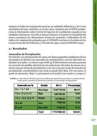 127
4.LasituaciónambientalenMéxico
integran el índice de marginación para las 32 entidades federativas y los 2’422
municipios del país existentes en el año 2005, mientras que la ENOE propor-
ciona la información sobre el nivel de ingresos de la población ocupada en las
entidades federativas. Con ello se busca mantener al máximo la integridad del
marco conceptual, las dimensiones, formas de exclusión e indicadores de los
índices de marginación estimados por el CONAPO con base en los datos de los
Censos Generales de Población y Vivienda de 1990 y 2000 (CONAPO 2005).
2.- Resultados
Anomalías de Precipitación
En relación a la sobreposición de capas con datos geográficos (polígonos de los
municipios de México con anomalías de precipitación) y con los intervalos in-
dicados en la tabla 7, se observa que el 88.44 % del territorio nacional, presenta
un escenario de posibles afectaciones de reducciones del orden de menos seis a
menos uno por ciento de precipitación, y de uno a seis por ciento de aumento de
precipitación, considerándose esto como un grado Muy Bajo. Por otra parte, el
grado de afectación “Bajo” se presentará en el 9.69% (ver cuadro 2 y mapa 1).
Cuadro 2.- Intervalos de afectación por la anomalía en precipitación (porcentaje con respecto al total
anual), grado, superficie en kilómetros cuadrados y el porcentaje correspondiente.
 