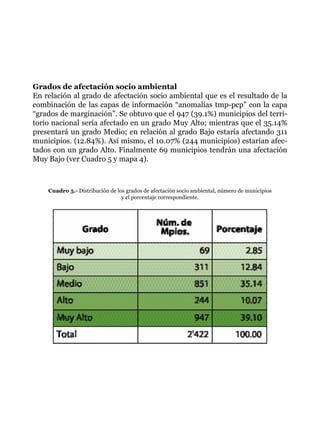 Grados de afectación socio ambiental
En relación al grado de afectación socio ambiental que es el resultado de la
combinación de las capas de información “anomalías tmp-pcp” con la capa
“grados de marginación”. Se obtuvo que el 947 (39.1%) municipios del terri-
torio nacional sería afectado en un grado Muy Alto; mientras que el 35.14%
presentará un grado Medio; en relación al grado Bajo estaría afectando 311
municipios. (12.84%). Así mismo, el 10.07% (244 municipios) estarían afec-
tados con un grado Alto. Finalmente 69 municipios tendrán una afectación
Muy Bajo (ver Cuadro 5 y mapa 4).
Cuadro 5.- Distribución de los grados de afectación socio ambiental, número de municipios
y el porcentaje correspondiente.
 