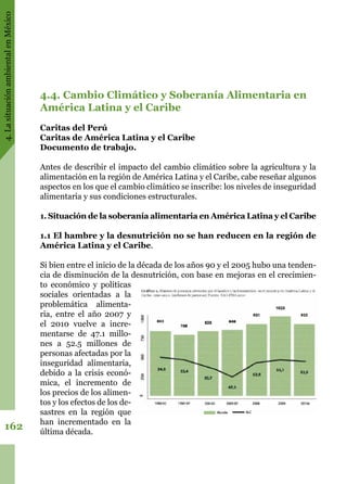 4.LasituaciónambientalenMéxico
162
4.4. Cambio Climático y Soberanía Alimentaria en
América Latina y el Caribe
Caritas del Perú
Caritas de América Latina y el Caribe
Documento de trabajo.
Antes de describir el impacto del cambio climático sobre la agricultura y la
alimentación en la región de América Latina y el Caribe, cabe reseñar algunos
aspectos en los que el cambio climático se inscribe: los niveles de inseguridad
alimentaria y sus condiciones estructurales.
1. Situación de la soberanía alimentaria en América Latina y el Caribe
1.1 El hambre y la desnutrición no se han reducen en la región de
América Latina y el Caribe.
Si bien entre el inicio de la década de los años 90 y el 2005 hubo una tenden-
cia de disminución de la desnutrición, con base en mejoras en el crecimien-
to económico y políticas
sociales orientadas a la
problemática alimenta-
ria, entre el año 2007 y
el 2010 vuelve a incre-
mentarse de 47.1 millo-
nes a 52.5 millones de
personas afectadas por la
inseguridad alimentaria,
debido a la crisis econó-
mica, el incremento de
los precios de los alimen-
tos y los efectos de los de-
sastres en la región que
han incrementado en la
última década.
 