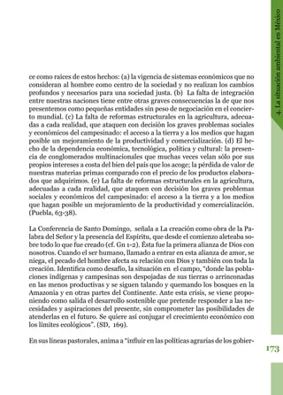 173
4.LasituaciónambientalenMéxico
ce como raíces de estos hechos: (a) la vigencia de sistemas económicos que no
consideran al hombre como centro de la sociedad y no realizan los cambios
profundos y necesarios para una sociedad justa. (b)  La falta de integración
entre nuestras naciones tiene entre otras graves consecuencias la de que nos
presentemos como pequeñas entidades sin peso de negociación en el concier-
to mundial. (c) La falta de reformas estructurales en la agricultura, adecua-
das a cada realidad, que ataquen con decisión los graves problemas sociales
y económicos del campesinado: el acceso a la tierra y a los medios que hagan
posible un mejoramiento de la productividad y comercialización. (d) El he-
cho de la dependencia económica, tecnológica, política y cultural: la presen-
cia de conglomerados multinacionales que muchas veces velan sólo por sus
propios intereses a costa del bien del país que los acoge; la pérdida de valor de
nuestras materias primas comparado con el precio de los productos elabora-
dos que adquirimos. (e) La falta de reformas estructurales en la agricultura,
adecuadas a cada realidad, que ataquen con decisión los graves problemas
sociales y económicos del campesinado: el acceso a la tierra y a los medios
que hagan posible un mejoramiento de la productividad y comercialización.
(Puebla, 63-38).
La Conferencia de Santo Domingo,  señala a La creación como obra de la Pa-
labra del Señor y la presencia del Espíritu, que desde el comienzo aleteaba so-
bre todo lo que fue creado (cf. Gn 1-2). Ésta fue la primera alianza de Dios con
nosotros. Cuando el ser humano, llamado a entrar en esta alianza de amor, se
niega, el pecado del hombre afecta su relación con Dios y también con toda la
creación. Identifica como desafío, la situación en  el campo, “donde las pobla-
ciones indígenas y campesinas son despojadas de sus tierras o arrinconadas
en las menos productivas y se siguen talando y quemando los bosques en la
Amazonia y en otras partes del Continente. Ante esta crisis, se viene propo-
niendo como salida el desarrollo sostenible que pretende responder a las ne-
cesidades y aspiraciones del presente, sin comprometer las posibilidades de
atenderlas en el futuro. Se quiere así conjugar el crecimiento económico con
los límites ecológicos”. (SD,  169).
En sus líneas pastorales, anima a “influir en las políticas agrarias de los gobier-
 