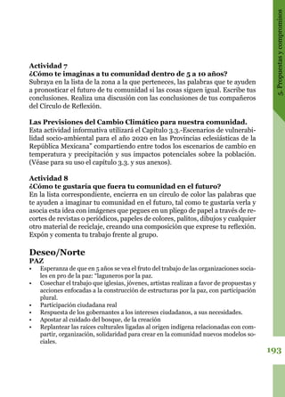 193
5.Propuestasycompromisos
Actividad 7
¿Cómo te imaginas a tu comunidad dentro de 5 a 10 años?
Subraya en la lista de la zona a la que perteneces, las palabras que te ayuden
a pronosticar el futuro de tu comunidad si las cosas siguen igual. Escribe tus
conclusiones. Realiza una discusión con las conclusiones de tus compañeros
del Círculo de Reflexión.
Las Previsiones del Cambio Climático para nuestra comunidad.
Esta actividad informativa utilizará el Capítulo 3.3.-Escenarios de vulnerabi-
lidad socio-ambiental para el año 2020 en las Provincias eclesiásticas de la
República Mexicana” compartiendo entre todos los escenarios de cambio en
temperatura y precipitación y sus impactos potenciales sobre la población.
(Véase para su uso el capítulo 3.3. y sus anexos).
Actividad 8
¿Cómo te gustaría que fuera tu comunidad en el futuro?
En la lista correspondiente, encierra en un círculo de color las palabras que
te ayuden a imaginar tu comunidad en el futuro, tal como te gustaría verla y
asocia esta idea con imágenes que pegues en un pliego de papel a través de re-
cortes de revistas o periódicos, papeles de colores, palitos, dibujos y cualquier
otro material de reciclaje, creando una composición que exprese tu reflexión.
Expón y comenta tu trabajo frente al grupo.
Deseo/Norte
PAZ
•	 Esperanza de que en 5 años se vea el fruto del trabajo de las organizaciones socia-
les en pro de la paz: “laguneros por la paz.
•	 Cosechar el trabajo que iglesias, jóvenes, artistas realizan a favor de propuestas y
acciones enfocadas a la construcción de estructuras por la paz, con participación
plural.
•	 Participación ciudadana real
•	 Respuesta de los gobernantes a los intereses ciudadanos, a sus necesidades.
•	 Apostar al cuidado del bosque, de la creación
•	 Replantear las raíces culturales ligadas al origen indígena relacionadas con com-
partir, organización, solidaridad para crear en la comunidad nuevos modelos so-
ciales.
 