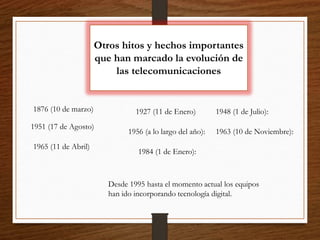 Otros hitos y hechos importantes
que han marcado la evolución de
las telecomunicaciones
1876 (10 de marzo) 1927 (11 de Enero) 1948 (1 de Julio):
1951 (17 de Agosto)
1956 (a lo largo del año): 1963 (10 de Noviembre):
1965 (11 de Abril)
1984 (1 de Enero):
Desde 1995 hasta el momento actual los equipos
han ido incorporando tecnología digital.
 
