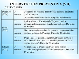 INTERVENCIÓN PREVENTIVA (VII)
  CALENDARIO
Diciembre   3ª       Comienzo del refuerzo de las buenas posturas adoptadas
(2004)      semana   por los alumnos.
                     Colocación de los carteles del programa por el centro.
            2ª       Aplicación de la 1ª sesión del CD, junto con los
            semana   conocimientos previos de la columna vertebral. Duración:
                     45 minutos.
Enero
(2005)      3ª       Elaboración del manual de las posturas correctas con las
            semana   posturas vistas en la 1ª sesión. Duración 45 minutos.

            4ª       1ª sesión de los ejercicios del manual“tareas motrices y
            semana   situaciones lúdicas para la educación prevención de la
                     postura correcta”. Duración 60 minutos.
Febrero     3ª       Aplicación de la 2ª sesión del CD, junto con los
(2005)      semana   conocimientos previos de la columna vertebral. Duración:
                     45 minutos.
 
