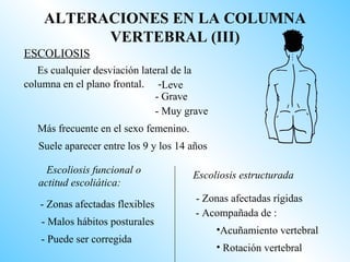 ALTERACIONES EN LA COLUMNA
          VERTEBRAL (III)
ESCOLIOSIS
   Es cualquier desviación lateral de la
columna en el plano frontal. -Leve
                               - Grave
                               - Muy grave
   Más frecuente en el sexo femenino.
   Suele aparecer entre los 9 y los 14 años

     Escoliosis funcional o             Escoliosis estructurada
   actitud escoliática:
                                        - Zonas afectadas rígidas
   - Zonas afectadas flexibles
                                        - Acompañada de :
   - Malos hábitos posturales
                                              •Acuñamiento vertebral
   - Puede ser corregida
                                              • Rotación vertebral
 