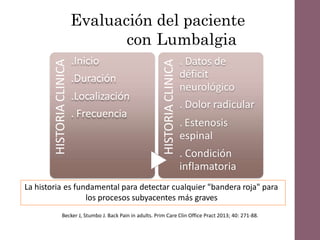 Evaluación del paciente
con Lumbalgia
HISTORIA
CLINICA .Inicio
.Duración
.Localización
. Frecuencia
HISTORIA
CLINICA
. Datos de
déficit
neurológico
. Dolor radicular
. Estenosis
espinal
. Condición
inflamatoria
Becker J, Stumbo J. Back Pain in adults. Prim Care Clin Office Pract 2013; 40: 271-88.
La historia es fundamental para detectar cualquier "bandera roja" para
los procesos subyacentes más graves
 