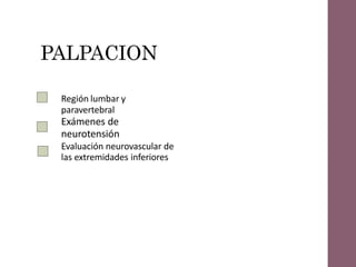 PALPACION
Región lumbar y
paravertebral
Exámenes de
neurotensión
Evaluación neurovascular de
las extremidades inferiores
 