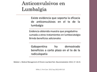 Anticonvulsivos en
Lumbalgia
Webster L. Medical Management of Chronic Low Back Pain. Neuromodulation 2014; 17: 18-23.
Existe evidencia que soporta la eficacia
de anticonvulsivos en el tx de la
lumbalgia
Evidencia obtenida muestra que pregabalina
sumada a otros tratamientos en lumbociatalgia
Brinda beneficios adicionales
Gabapentina ha demostrado
beneficios a corto plazo en el tx de la
radiculopatía
Miller, S. Prim Care 2012 Sep;39(3):499-510
 