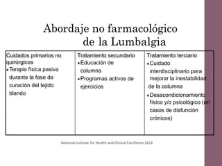 Abordaje no farmacológico
de la Lumbalgia
Cuidados primarios no
quirúrgicos
Terapia física pasiva
durante la fase de
curación del tejido
blando
Tratamiento secundario
Educación de
columna
Programas activos de
ejercicios
Tratamiento terciario
Cuidado
interdisciplinario para
mejorar la inestabilidad
de la columna
Desacondicionamiento
físico y/o psicológico (en
casos de disfunción
crónicos)
National Institute for Health and Clinical Excellence 2012
 