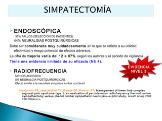    ENDOSCÓPICA
    35% FALLOS (SELECCIÓN DE PACIENTES)
    44% NEURALGIAS POSTQUIRÚRGICAS
Debe ser considerada muy cuidadosamente en lo que se refiere a su utilidad,
  efectividad y riesgo potencial de efectos adversos.
La cifra de mejoría varía del 12 a 97% según los autores y el periodo de vigilancia .
Tiene una evidencia limitada de su eficacia (NE 4).
                                                                                   EVIDENCIA
   RADIOFRECUENCIA                                                                 NIVEL 3
    MENOS AGRESIVA
    5% NEURALGIA POSTQUIRÚRGICAS.
    Efecto similar a la neurolisis simpatica lumbar con fenol

       Manjunath PS, Jayalakshmi TS, Dureja GP, Prevost AT: Management of lower limb complex
        regional pain syndrome type 1: an evaluation of percutaneous radiofrequency thermal lumbar
        sympathectomy versus phenol lumbar sympathetic neurolysis--a pilot study. Anesth Analg. 2008
        Feb;106(2):647-9,
 