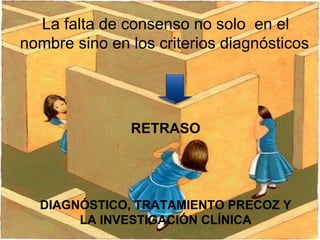 Antecedentes históricos
   La falta de consenso no solo en el
nombrede consenso no solo en el nombre
La falta sino en los criterios diagnósticos
     sino en los criterios diagnósticos


                RETRASO
                 RETRASO

    DIAGNÓSTICO Y TTO PRECOZ
     LA INVESTIGACIÓN CLÍNICA
  DIAGNÓSTICO, TRATAMIENTO PRECOZ Y
       LA INVESTIGACIÓN CLÍNICA
 