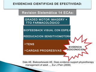 EVIDENCIAS CIENTIFICAS DE EFECTIVIDAD:


     Revision Sistemática 14 ECAs:

       GRADED MOTOR IMAGERY +
       TTO FARMACOLÓGICO

    BIOFEEDBACK VISUAL CON ESPEJO

    REEDUCACION SENSITIVOMOTORA


      TENS
                                             EVIDENCIA
      CARGAS PROGRESIVAS                   DESCONOCIDA




     Dale AE, Bialocerkowski AE, Does evidence support physiotherapy
       management of adult ..., Eur J Pain (2008)
 