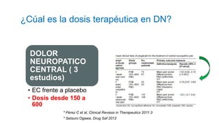 ¿Cúal es la dosis terapéutica en DN?
DOLOR
NEUROPATICO
CENTRAL ( 3
estudios)
• EC frente a placebo
• Dosis desde 150 a
600
* Pérez C et al, Clinical Reviess in Therapeutics 2011:3
* Setsuro Ogawa, Drug Saf 2012
 