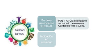 VALOR AÑADIDO
• POST-ICTUS: era objetivo
secundario pero mejoro
Calidad de vida y sueño.
En dolor
neuropatico
CENTRAL:
Indicación
en
ansiedad
 