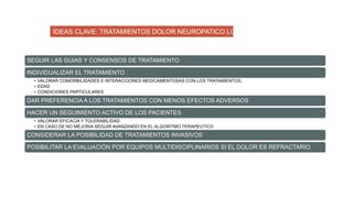 IDEAS CLAVE: TRATAMIENTOS DOLOR NEUROPATICO LOCALIZADO
SEGUIR LAS GUIAS Y CONSENSOS DE TRATAMIENTO
INDIVIDUALIZAR EL TRATAMIENTO
• VALORAR COMORBILIDADES E INTERACCIONES MEDICAMENTOSAS CON LOS TRATAMIENTOS.
• EDAD
• CONDICIONES PARTICULARES
DAR PREFERENCIA A LOS TRATAMIENTOS CON MENOS EFECTOS ADVERSOS
HACER UN SEGUIMIENTO ACTIVO DE LOS PACIENTES
• VALORAR EFICACIA Y TOLERABILIDAD
• EN CASO DE NO MEJORIA SEGUIR AVANZANDO EN EL ALGORITMO TERAPEUTICO
CONSIDERAR LA POSIBILIDAD DE TRATAMIENTOS INVASIVOS
POSIBILITAR LA EVALUACIÓN POR EQUIPOS MULTIDISCIPLINARIOS SI EL DOLOR ES REFRACTARIO
 