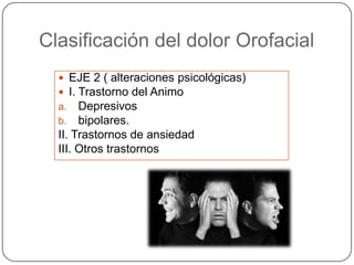  EJE 2 ( alteraciones psicológicas)
 I. Trastorno del Animo
a. Depresivos
b. bipolares.
II. Trastornos de ansiedad
III. Otros trastornos
Clasificación del dolor Orofacial
 