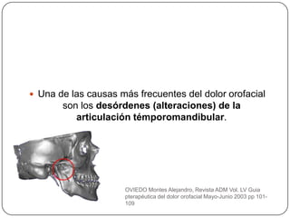 OVIEDO Montes Alejandro, Revista ADM Vol. LV Guia
pterapéutica del dolor orofacial Mayo-Junio 2003 pp 101-
109
 Una de las causas más frecuentes del dolor orofacial
son los desórdenes (alteraciones) de la
articulación témporomandibular.
 