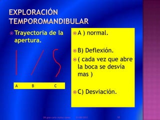  Trayectoria de la
apertura.
 A ) normal.
 B) Deflexión.
 ( cada vez que abre
la boca se desvía
mas )
 C) Desviación.
A B C
01/08/2013 18DR.gian carlo muñoz ramos
 