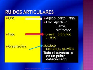  Clic.
 Pop.
 Crepitación.
 Agudo ,corto , fino.
 Clic .Apertura,
Cierre.
recirproco.
Grave , profundo
, largo
Multiple
complejo, gravilla.
Todo el trayecto o
en un punto
determinado.
01/08/2013 21DR.gian carlo muñoz ramos
 