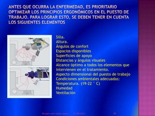 Silla.
Altura.
Ángulos de confort
Espacios disponibles
Superficies de apoyo
Distancias y ángulos visuales
Alcance óptimo a todos los elementos que
intervienen en el tratamiento.
Aspecto dimensional del puesto de trabajo
Condiciones ambientales adecuadas:
Temperatura. (19-22 ° C)
Humedad
Ventilación
01/08/2013 49DR.gian carlo muñoz ramos
 